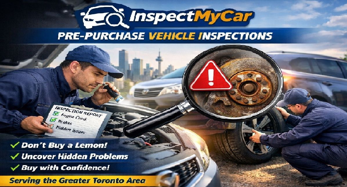 An InspectMyCar inspector examining a wheel and brake rotor with a flashlight and magnifying glass