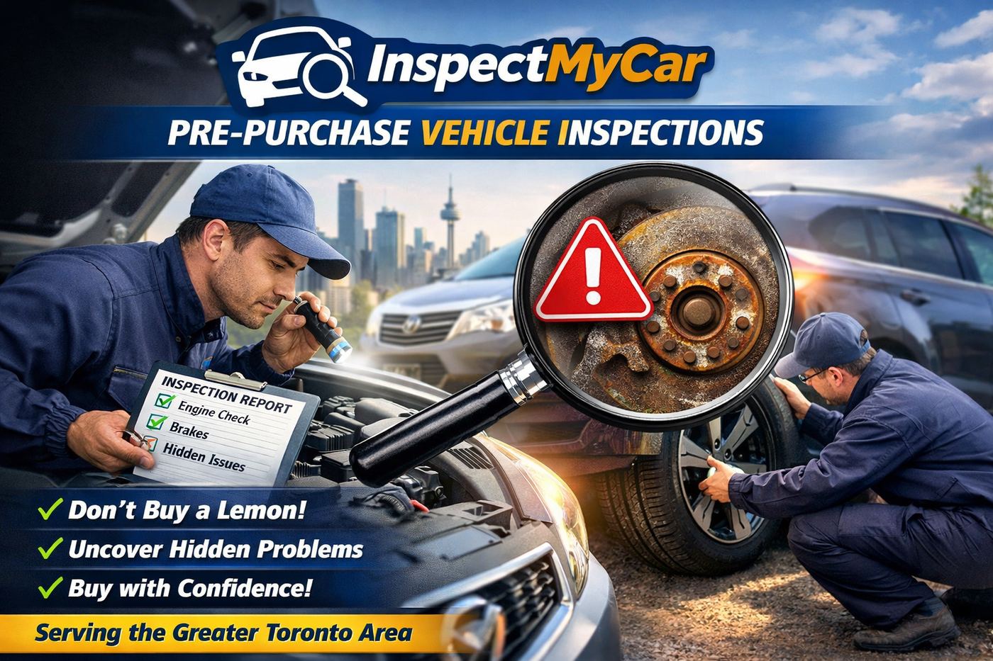 InspectMyCar inspectors examining a vehicle's brakes and engine